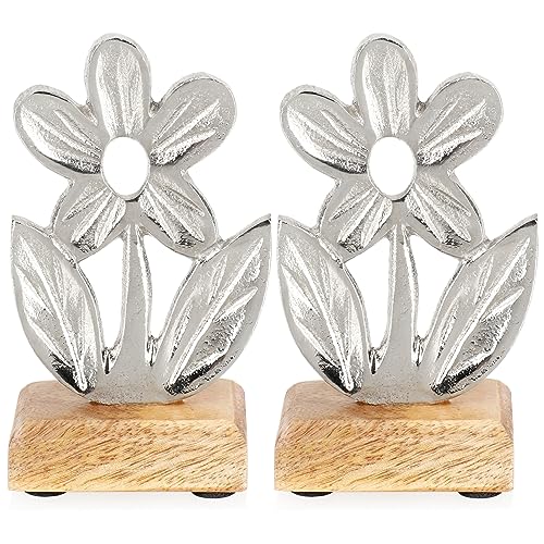 com-four® 2X Soportes de Flores Decorativas - Flor de Metal Premium sobre una Base de Madera - Flor Decorativa de Metal para Colocar y Regalar (2 Piezas - Flor 4)