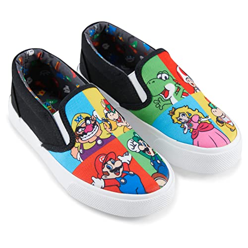 Nintendo Boys Mario Athletic Sneakers - Super Mario Slip On Shoes - Mario, Luigi, Kirby and Donkey Kong Slip On Canvas Sneakers (Black, 3)