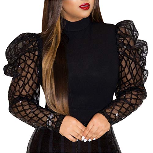 acelyn Women's Elegant Sequin Mesh Sheer Puff Long Sleeve Mock Neck Slim Fit Party Blouse Shirt Top