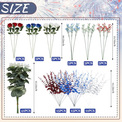 Sosation 100 4th of July Artificial Flowers 250th Anniversary Table Decorations Red White Blue Patriotic Roses Eucalyptus Stems Artificial Flowers Arrangement Faux Eucalyptus Leaves for Memorial Day by Sosation - Image 2