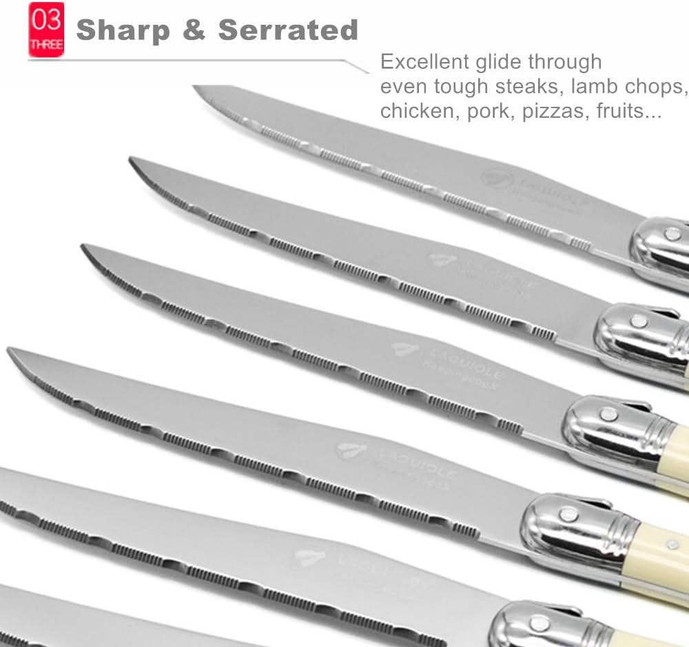 KeepingcooX® Laguiole Steak Knife with Ivory Handle, Serrated Blade, Stainless Steel Dinnerware/Tableware/Flatware/Cutlery Set of 6, Gift Box, Reputable Global Manufacturer with Certificate (GMC)