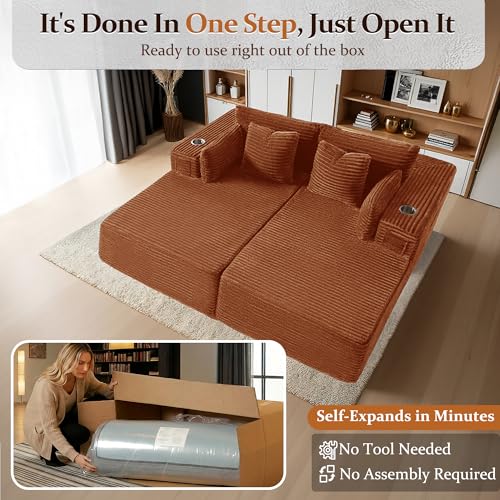 Image of 72 inch Cloud Sectional Couch, Comfort Sleep Sofa for Living Room, Extra Deep Seats No Assembly, Minimalist Modular Couch, Corduroy (Deep Orange, Loveseat Chaise)