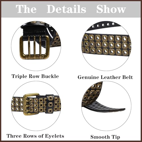 3 Row Studded Genuine Leather Belts for Men Women Unisex Casual 3 Prong Belt for Punk Rock 41-49.21IN Belt for 35"-43" Waist3