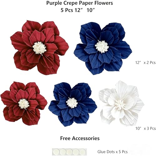 Image of Red Blue White Paper Flowers Artificial 3D Wall Decor Aamerican 250th Anniversary Decorations Wedding Birthday Bridal Baby Shower 4th of July Burgundy Nursery Room Backdrop Centerpieces Party