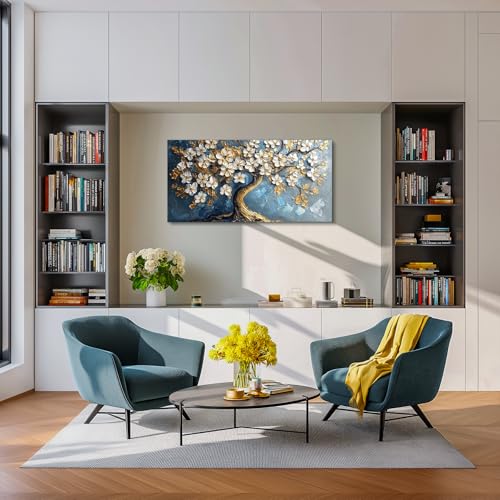 SERIMINO Tree of Life Large Canvas Wall Art, Abstract Gold Tree Modern Office Decorations, Nature White Floral Artwork for Walls, Navy Blue Pictures Wall Decor Living Room Bedroom Art Prints 20"X40"