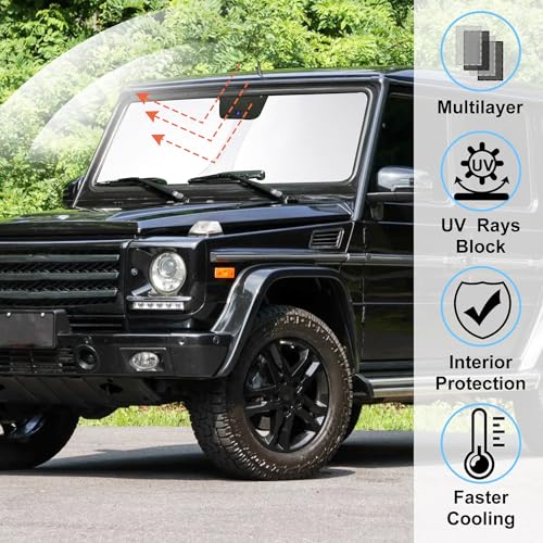 Image of Windshield Sun Shade Custom Fit for 1990-2018 Mercedes Benz G W463 G550 G55 G63 G65 Accessories(Not for 2019-2021 Mercedes Benz G Class) Accessories Foldable Sunshade Keep Car Cooler