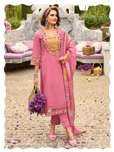 Image of INDO ERA Women's Anarkali Pure Cotton Floral Printed Embroidered Kurta & Pant with Dupatta Set (IEOUT10688)