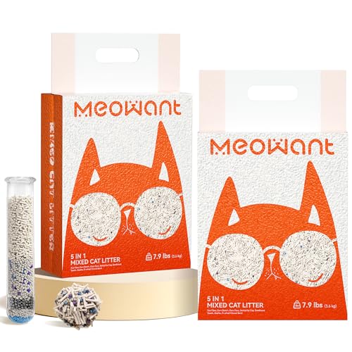 Meowant 5-in-1 Mixed Cat Litter, Natural Bentonite Tofu Clumping Cat Litter, Ultra Absorbent, Fast Clumping, Dust-Free, Odor Control, Flushable, 7.9lbs*2