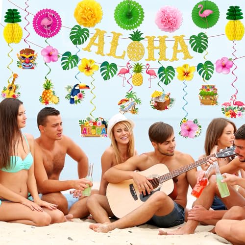 Image of Hawaiian Party Decorations, Luau Decorations includes Glitter Aloha Banner Tropical Hawaii Hanging Swirls and Tissue Pom Poms, Hawaiian Luau Decorations for Summer Tropical Beach Tiki Bar Party