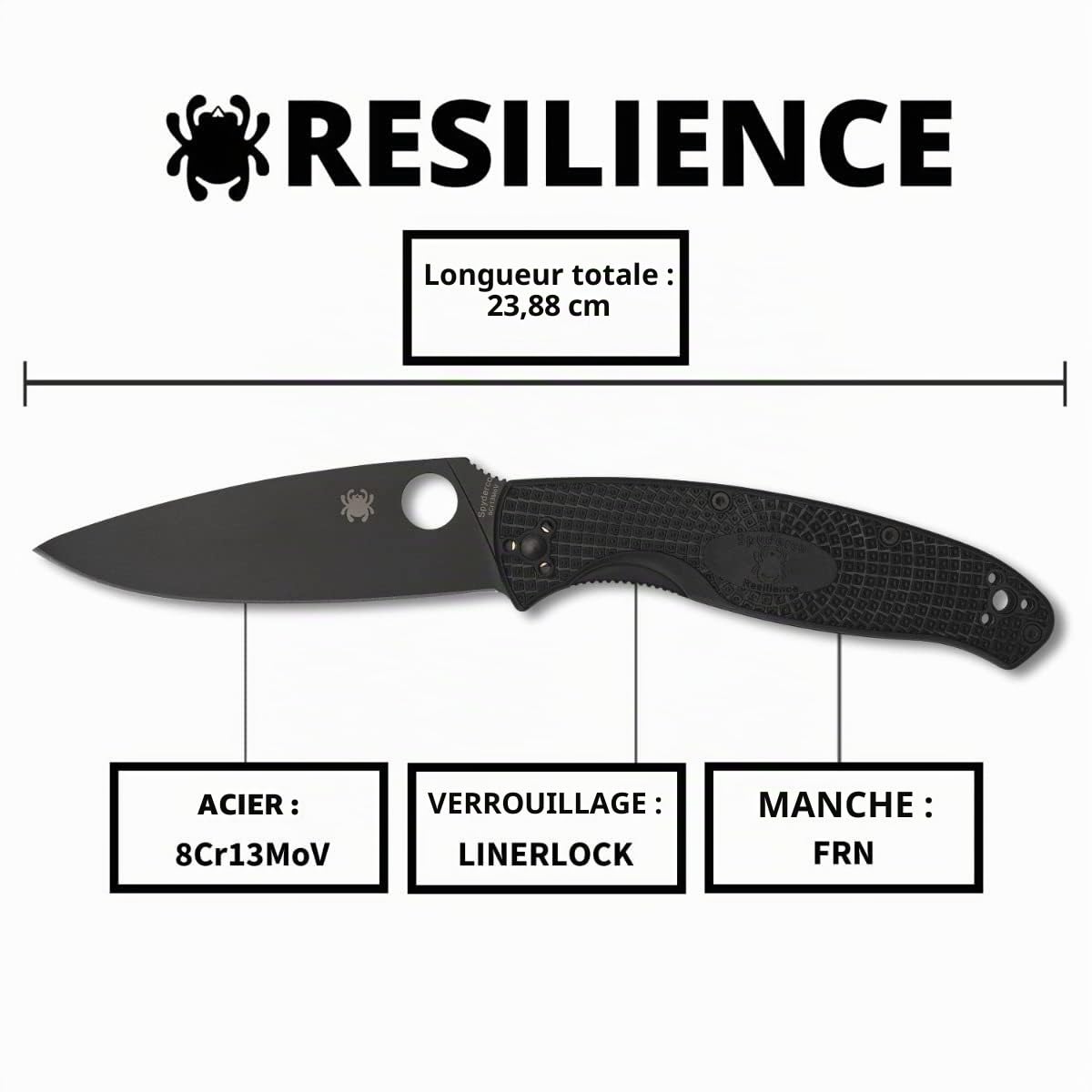 SPYDERCO COUTEAU RESILIENCE TOUT NOIR, 11 cm
