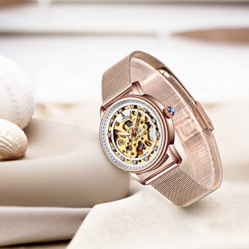 Gute Women's Watch Luxury Mechanical Stainless Steel Skeleton Steampunk Automatic Self Winding Mesh Band Wristwatch #TOP3