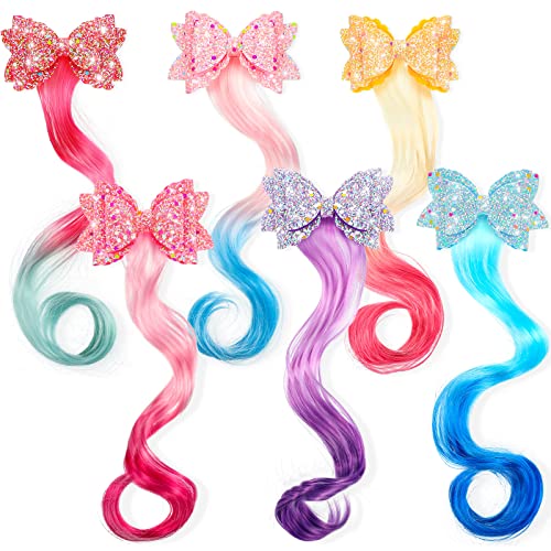 6 Colors Unicorn Wig Hair Clips Bows for Girls Hair Braided Extension Colored Hair Bows Braided Curly Wig Hair Extension for Kids Princess Costume Dress up Hair Accessory (Glitter Style)