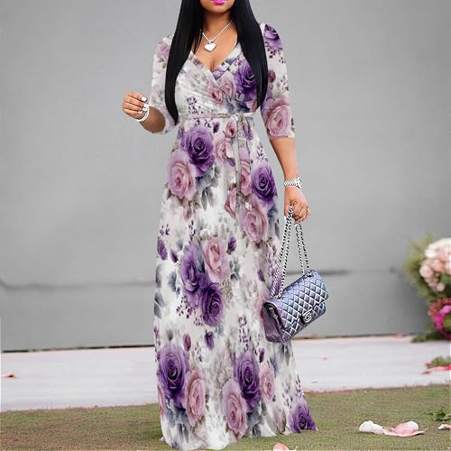 Image of SUZONANA Plus Size Dresses for Women Floral Print Maxi Dress Flowy 3 /4 Sleeve with Belt