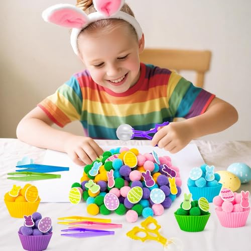 Image of EZdhuawuse Summer Sensory Bin Fillers Toys for Kids - 268 Summer Egg Bunny Fine Motor Toys Birthday Gift, Counting Sorting Toys with Felt Egg Rabbit Pom Pom Cup Clips, Preschool Learning Activitie