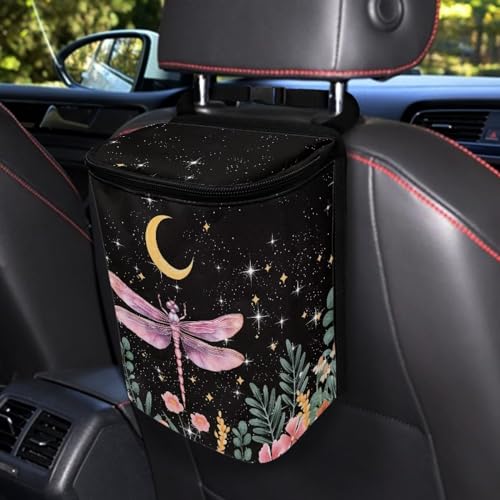 Image of Talayituse Dragonfly Flower Moon Print Car Trash Can with Lid, Leak Proof Auto Trash Bag Hanging Vehicle Garbage Can Multipurpose Storage Container for Back Seat Road Trip