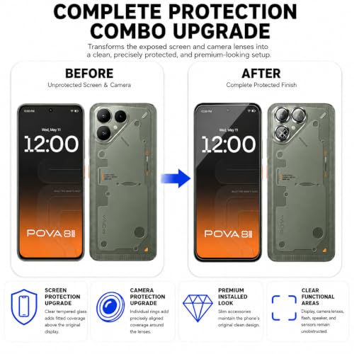 Image of FIRST MART Tempered Glass Camera Lens for Tecno Pova 8 With Installation Kit | Militry-Grade Gorilla Screen Guard & Black Metal Camera Rings Lens Protector | Edge to Edge Coverage | Black