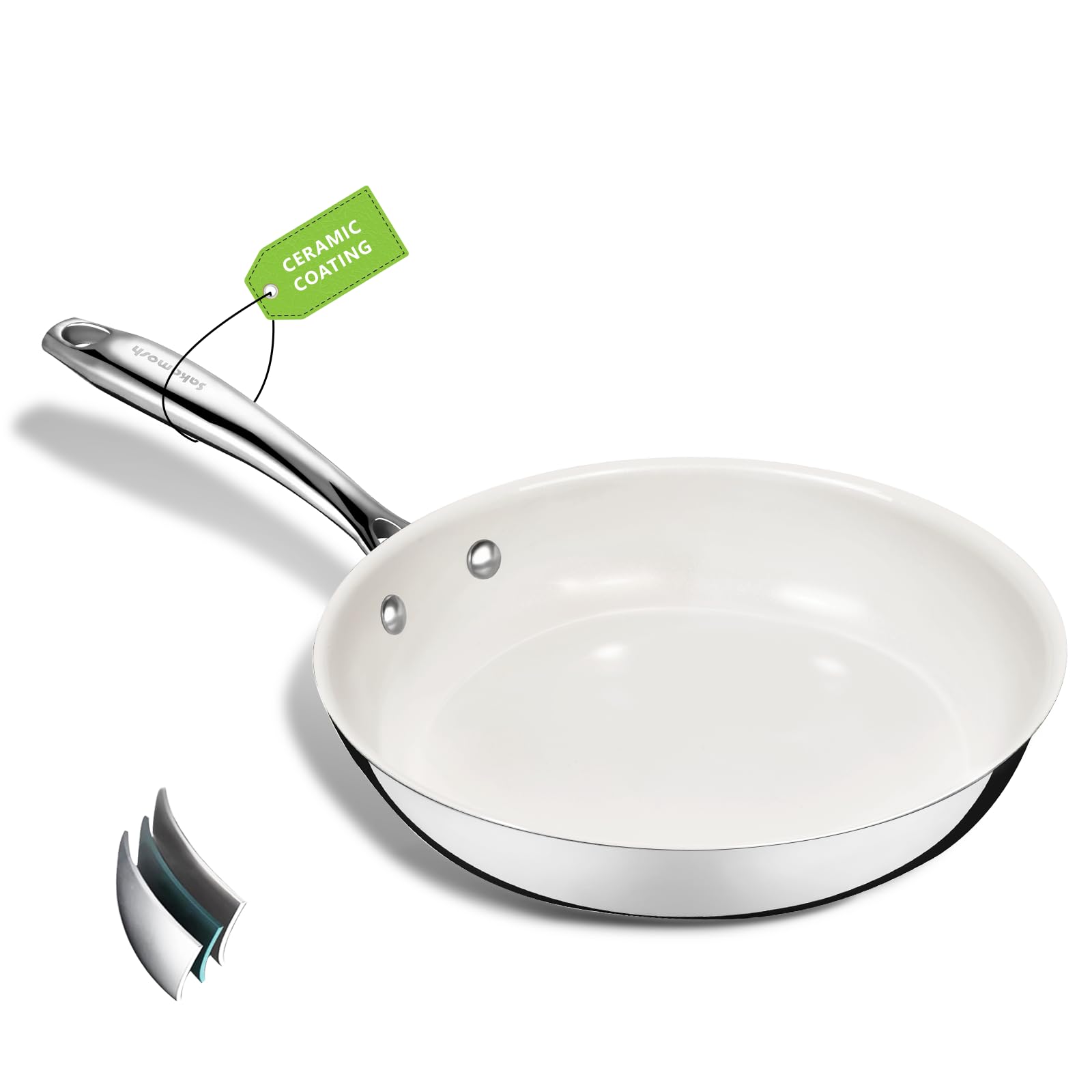 8 Inch Nonstick Ceramic Frying Pan, Tri-Ply Stainless Steel Skillet with Stay-Cool Handle, PFAS/PFOA/PTFE Free, No Seasoning Required, High Heat & Induction Safe, Dishwasher/Oven Safe