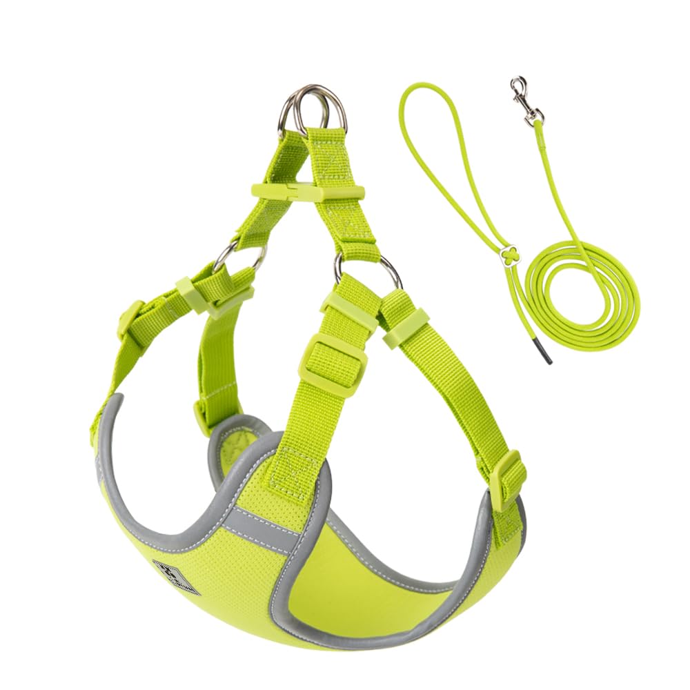 SMALL COMBINATION Nylon Dog Harness, Reflective Strips, Adjustable Straps, Bright Green, with Matching Lead (Lemon Yellow, XXXS)