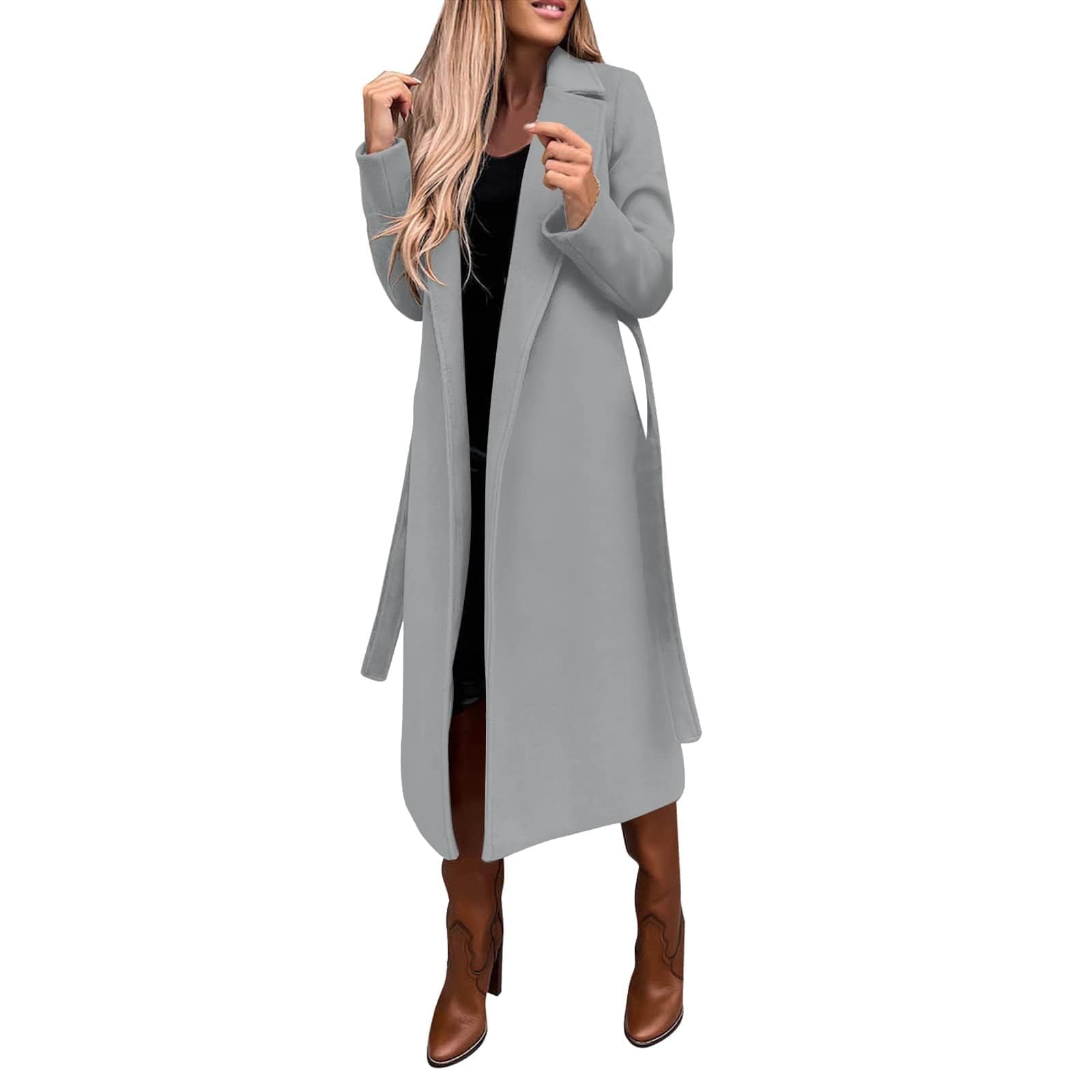 Generisch Abrigo de lana largo para mujer con cinturón y solapa, elegante gabardina para entretiempo, abrigo de invierno cálido con solapas para uso diario y negocios