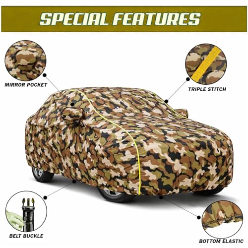 Image of Waterproof Car Body Cover for Thar All Weather Protection Comes with Inner Cotton Lining & Triple Stitched with Mirror & Antenna Pocket Belt & Elastic Fit Army with Yellow Piping2