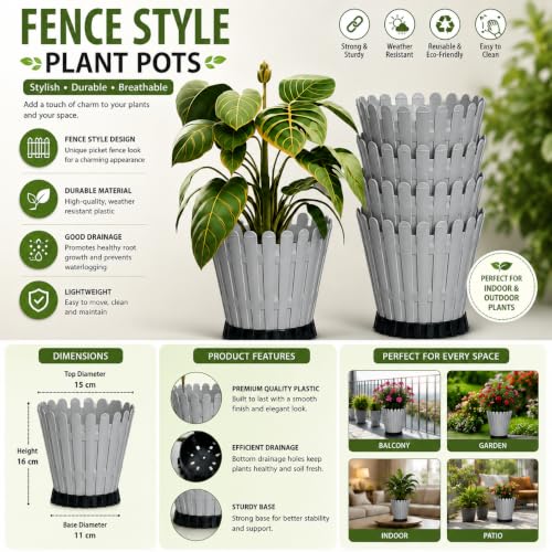 Image of TechHark Decorative Round Planter Pot with Picket Design, Gray with Black Base, 15 cm, Pack of 5