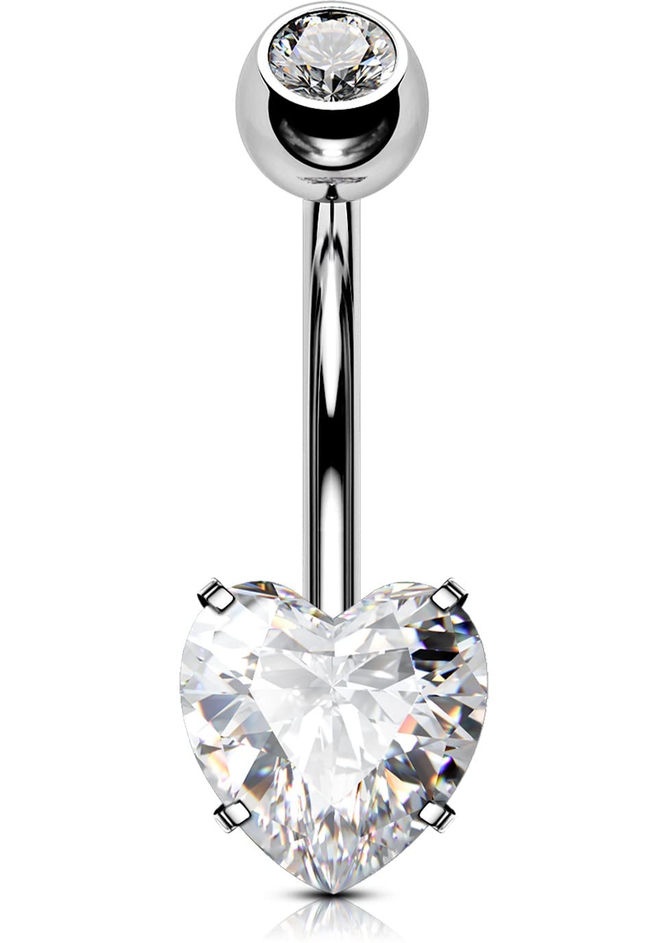 OUFER14G Titanium Belly Bars Heart Balls Short Extra Long Navel Piercings Rings Double Clear Gem 1.6mm Belly Button Jewellery 8 10 12 14 16mm