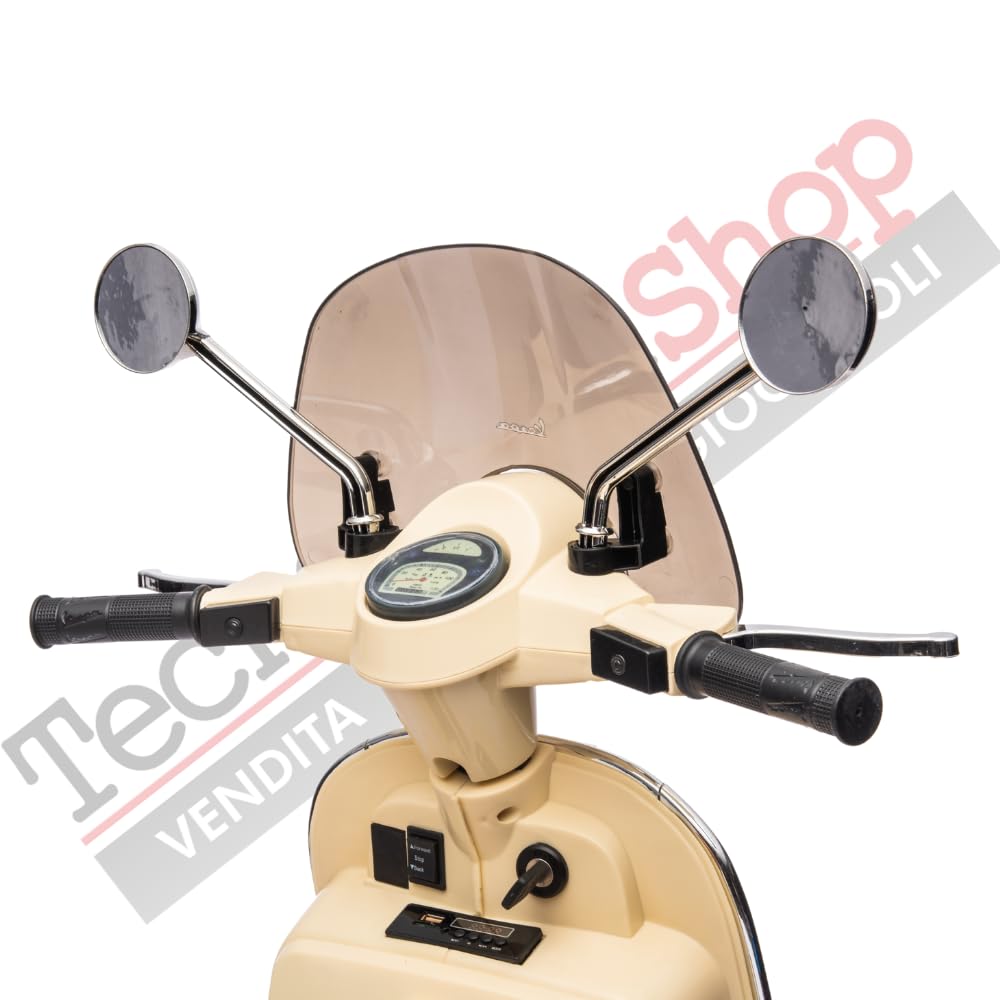 Tecnobike Shop Moto Elettrica per Bambini Piaggio Vespa PX 150 12v Full Parabrezza e Bauletto Luci Suoni LED Mp3 (Crema)