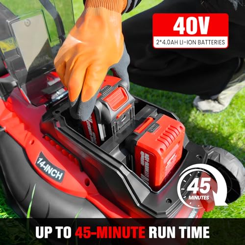 EWORK 40V Electric Lawn Mower Cordless, 14" Electric Push Mower with Grass Catchers, 2 x 4.0 Ah Batteries & Charger, 6-Height Adjustment, 21 lbs Lightweight Battery Powered Lawnmower for Small Yard - Image 4