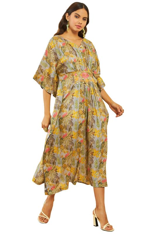 Image of Soch Womens Dark Grey Muslin Floral Foil Print V-Neck Kaftan