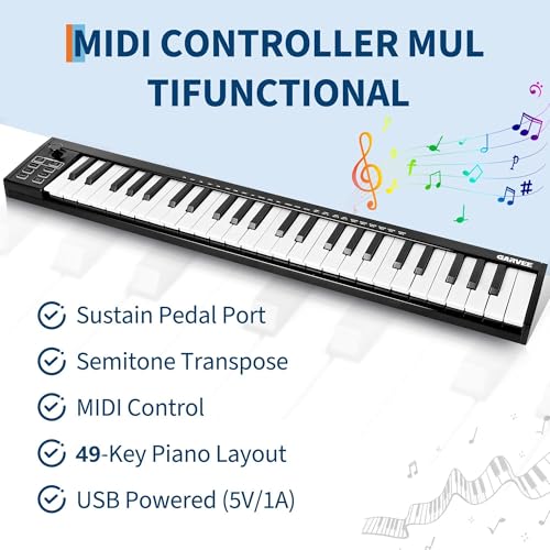 Image of 49 Key MIDI Keyboard, USB Controller with OLED Display, 8 Drum Pads DAW Integration for Music Creating & Recording, Black