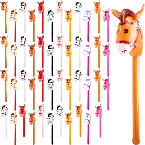 Haconba 48 Pcs 40 Inch Inflatable Horse Head Stick Multicolor Blow Up Cowboy Horse Stick Balloon for Kids Birthday Cowboy Horse Party Supplies, 12 Colors