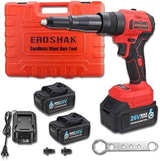 EROSHAK Cordless Rivet Gun, 26V Electric Automatic Blind Riveter Professional Kit with 2PCS 5.2 Ah Battery & Charger (3/16