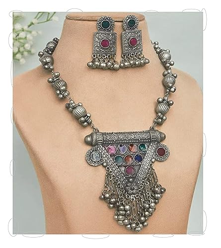 Siddhatva Designer Statement Afghani Antique Oxidised Silver Indian Party Ethnic Tassel Ghungroo Bells Tribal Gypsy Necklace Jewelry Set Women