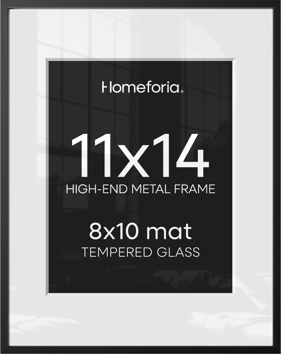 Homeforia 11x14 Black Picture Frame, High-End Metal, 8x10 Mat, Glass
