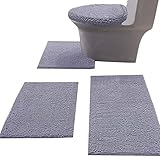 Madeals Chenille Bath Rug Set 4 Piece with Toilet Lid Cover and Rug Set Combo, Soft Shaggy Bath Rug Set 3 Piece and U-Shaped Toilet Floor Rug Grey