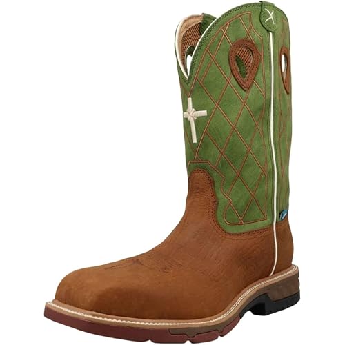Twisted X Men's 12" Western Work Boot, Square Toe Nano Toe with CellStretch, Caramel Café & Green, 10.5 D