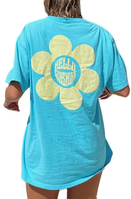 Image of Vintage Oversized Flower Graphic Tees Cute Surfboard Palm Baggy T-Shirts Summer Preppy Beach Tops Teen Girls Clothes