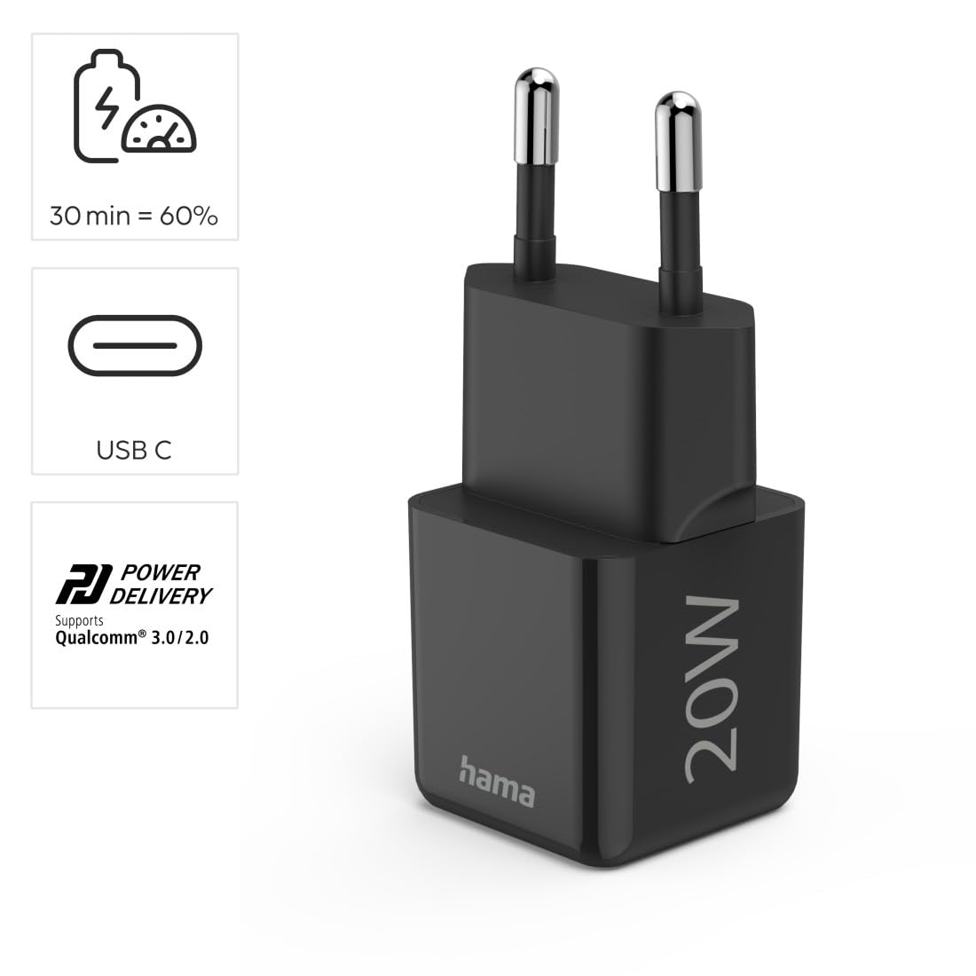 Hama ładowarka sieciowa 20W super mini 1x USB C (uniwersalna, szybka, do smartfona, smartwatcha, tabletu, słuchawek, Quick Charge, Power Delivery, mała) czarna
