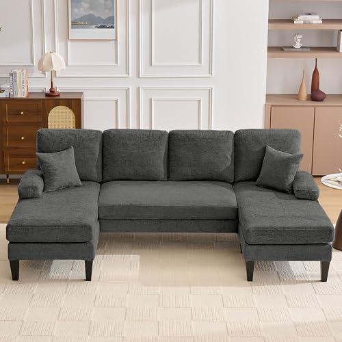 Image of 98 inch Sectional Couches for Living Room, U Shaped Couch with 18 inch Seat Height, 4 Seater Couch Set with Double Chaise for Apartment, Living Room Sofas, Dark Grey