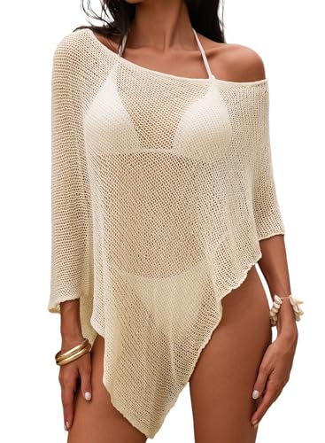 Herseas Women's Crochet Bathing Suits Cover Ups 3/4 Sleeve Shrug Beige S