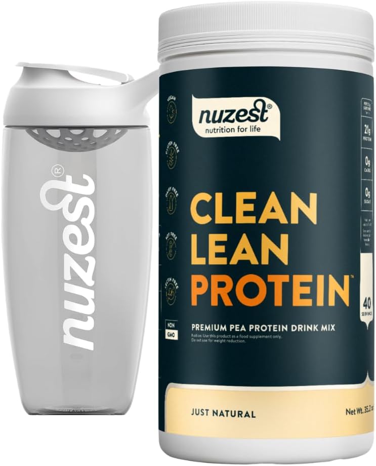 Nuzest Vegan Pea Protein Powder - Clean Lean Protein 40 Servings 20g Protein, Unflavoured Protein Shake Mix + Sports Shaker Bottle 24oz