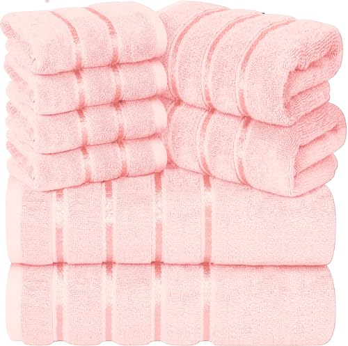 YRALY Luxury Pink Towel Set of 8-2 Bath Towels 2 Hand Towels 4 Washcloths - 600 GSM 100% Cotton Ring Spun Viscose Border Towels Set - Light Pink