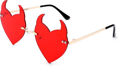 Diablo Horns - Gafas de sol con forma de corazón, sin marco, de moda, novedosas, para Halloween, para mujeres y hombres, para fiestas, color rojo