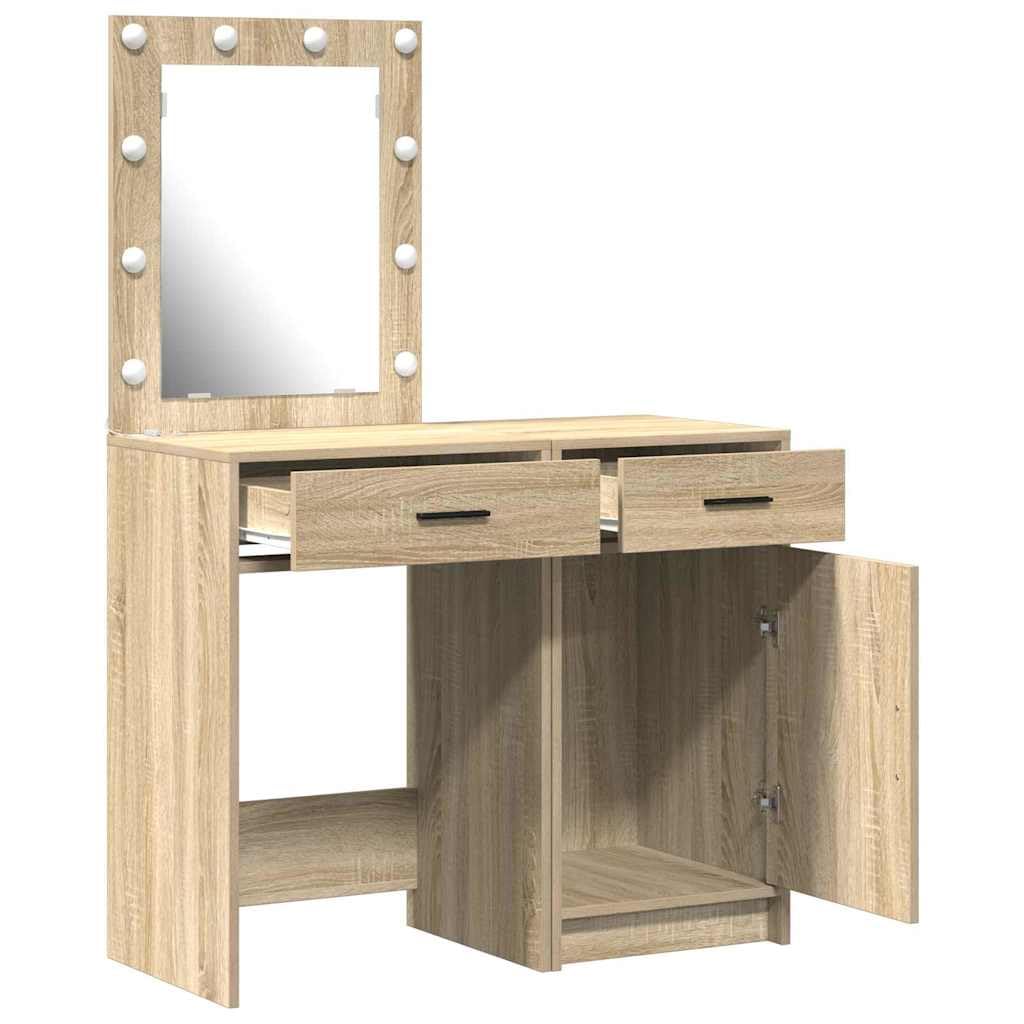 Tocador con puerta marrón de madera 50 x 41 x 135 cm, 2 unidades con iluminación LED, cajón, espacio de almacenamiento para dormitorio, habitación de niña y vestidor