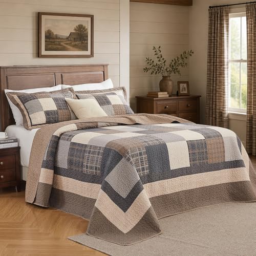 Quilta Oversized King Bedspreads 120x120 - Farmhouse Plaid Design Reversible California King Quilt Set, 3-Piece 100% Cotton Textured Lightweight Comforter Coverlet Set, Cal King, Mocha Brown/Beige — view 2