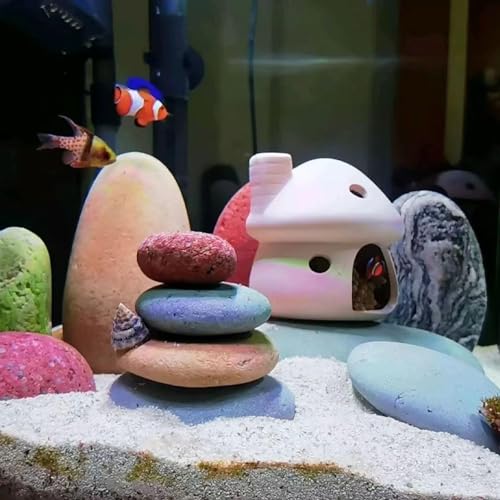 Image of RUIAN Aquarium Mushroom House Decorations with Betta Fish Cave, Ceramic Cichlid Caves for Aquarium, Fish Tank Decoration, Syrian Hamster (White)