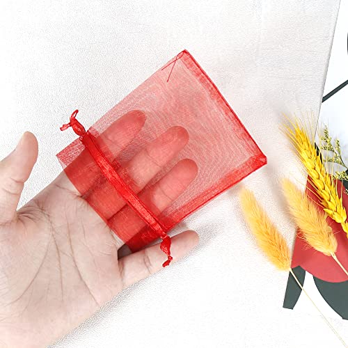 Image of HRX Package 100pcs Little Red Organza Bags 3 x 4 inch, Mesh Jewelry Pouches Drawstring Empty Sachets for Bracelets Candy Small Gift