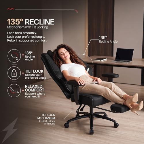 Image of DROGO Majestic Ergonomic Office Chair for Work & Home 400LBS | Big and Tall Boss Chair for Office with High Cushion, Lumbar Support, Padded Armrest, 135 Recline & Footrest,1 Yr Warranty (Black)