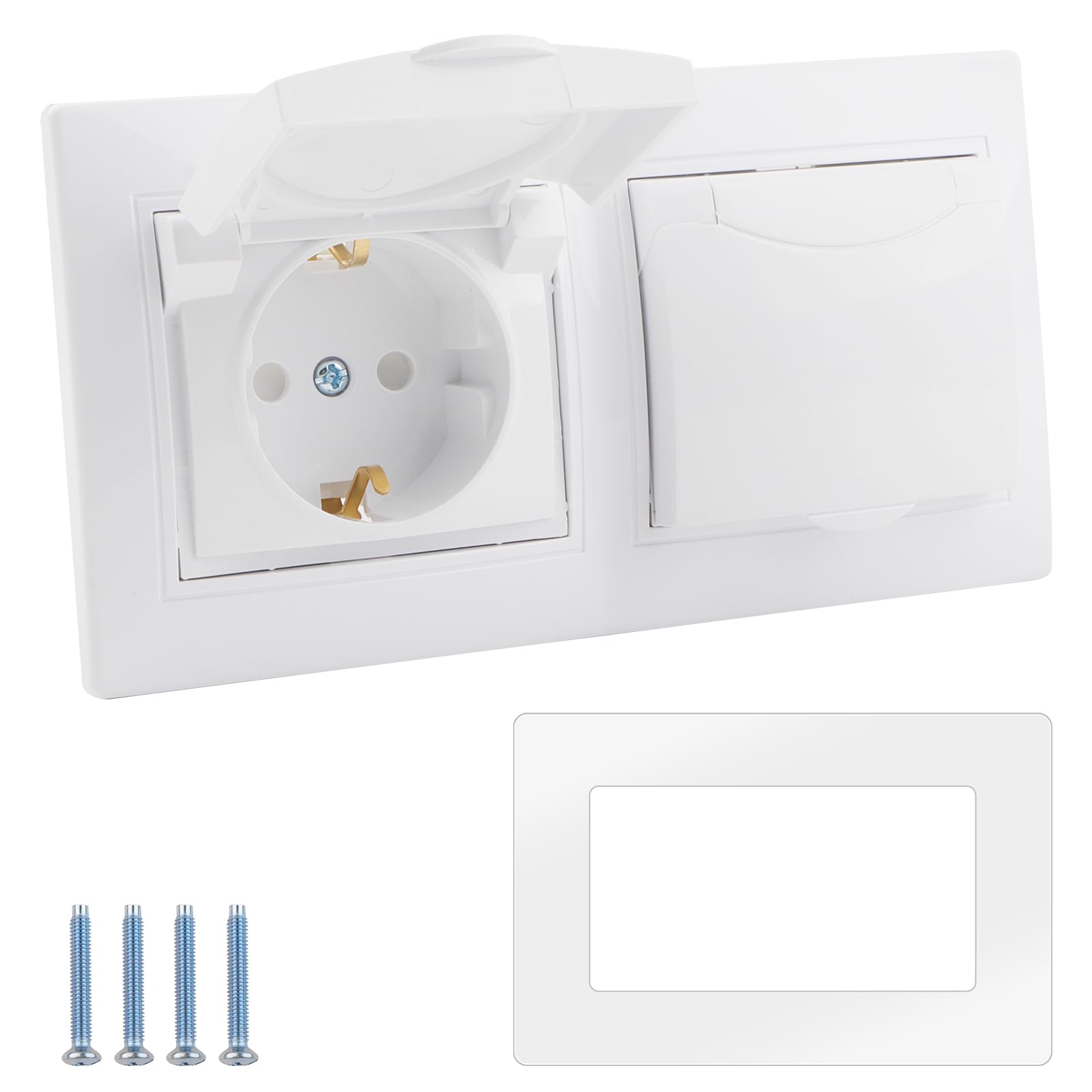 Kit de Enchufe de Empotrar 2 VíAs 16A 250V Doble Toma con Tapa Abatible Blanco Para Exterior Resistente Al Agua con Contacto de Tierra y Tapa Abatible Para BañO Cocina Garaje