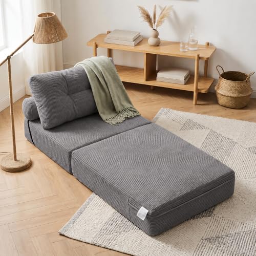 Image of Floor Sofa Bed, Convertible 2-in-1 Corduroy Couch with High-Density Sponge, Foldable Stackable Seat for Living Room Bedroom Dorm Game Room, No Assembly Required (Gray)